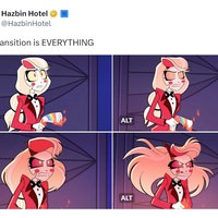 This Transition Is Everything This Transition Is Everything tweet depicting images of Hazbin Hotel character Charlie Morningstar.