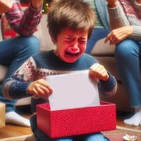 Crying child opening christmas presents