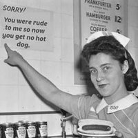 Sorry You Were Rude to Me So Now You Get No Hot Dog meme and photoshopped image depicting a woman pointing at a sign.