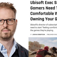 Ubisoft Executive Says Gamers Need To Get Comfortable Not Owning Their Games depicting Director of Subscriptions Philippe Tremblay and an article about the quote.