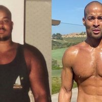 Two images of David Goggins depicting a before and after.