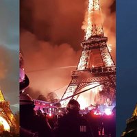 Three different doctored TikToks showing the Eiffel Tower on fire. 