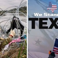 2024 Texas Border Crisis Texas wiring border with Mexico and image of a man holding the United States flag under the slogan We Stand With Texas.