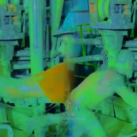 Venus Slime Fields image example depicting a group of oil workers colorized green.