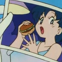 Sailor Mercury Eating a Burger meme format.