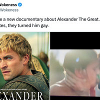 End Wokeness' Alexander the Great Tweet depicting the neflix cover art and a scene of him kissing a man.