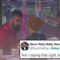 Ice Spice, Jason Kelce and Taylor Swift Chatting meme and a tweet about the viral video.