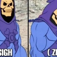 Skeletor Unzips Pants / Sigh Zip meme.
