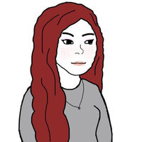 Wifejak meme format depicting a female wojak character with red hair and a grey shirt.