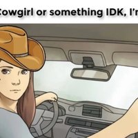 Reverse Cowgirl Or Something IDK I’m A Virgin meme depicting a woman driving in reverse while wearing a cowboy hat.