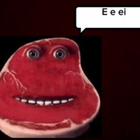 E E Ei meme depicting a piece of steak with eyes and teeth singing.