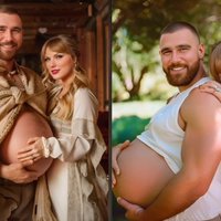 Taylor Swift I Got Travis Knocked Up AI Song depicting artificial intelligence generated art of Travis Kelce pregnant with swift.