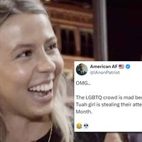 The LGBTQ Crowd Is Mad Because the Hawk Tuah Girl Is Stealing Their Attention meme and tweet example.