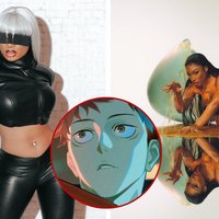 Megan Thee Stallion cosplaying as Satoru Gojo in the left and her third album cover on the right.