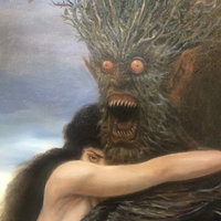 The art piece De Nuce Maga by Vincent Proce, depicting a woman hugging a tree monster.