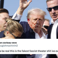 Donald Trump July 2024 Shooting Was Staged Conspiracy Theory Staged Donald Trump Assassination Attempt conspiracy theory tweet example.