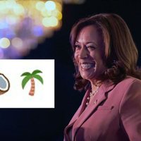 Kamala Harris smiling and the Coconut And Palm Tree Emojis.