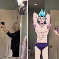 Grandma Taking Photo of Grandson In Bathroom Mirror meme and redraw format.