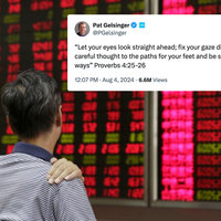 2024 Stock Market Crash depicting a man watching stocks and a tweet from Intel's CEO quoting bible verses.