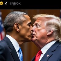 Grok 2.0 AI Image Generator Grok AI Image Generator example depicting an ai-generated image of obama and trump kissing.