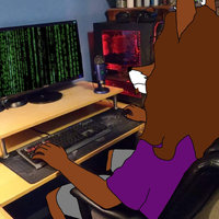 2024 Fur Affinity Hack depicting an image example of a furry sitting on a computer.