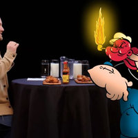 Cartoon Characters On Hot Ones meme example depicting sean evans interviewing popeye.