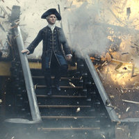 Guy walking down stairs while ship is being destroyed meme depicting Beckett Shocked during the Destruction Of The Endeavor in pirates of the caribbean.