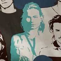 celebrity number six on fabric depicting a blue or teal colored silhouette of a woman.