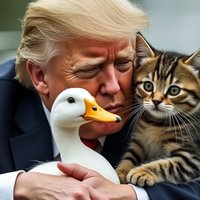 Donald Trump Cat and Duck AI Images An AI-generated image of Donald Trump holding a kitty and a goose while floating in the water.