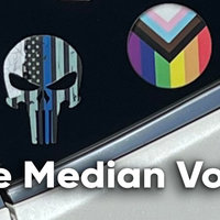The Median Voter image example depicting a Punisher thin blue line sticker and a pride flag sticker on a car.