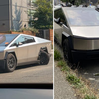 Seattle Cybertruck / CyberStuck Seattle Cybertruck CyberStuck depicting images of a Tesla truck with a broken rear wheel sitting in a street parking space.