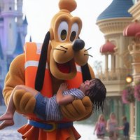 AI Generated Rescue Image From Hurricane Milton example depicting Swole Goofy Saving child at Disneyworld.