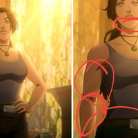 Lara Croft's Tomb Raider design in The Legend of Lara Croft with an image example of the muscular controversy.