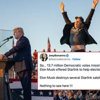 Starlink 2024 United States Election Conspiracy Theory image example depicting a tweet and an image of Musk jumping behind Trump.