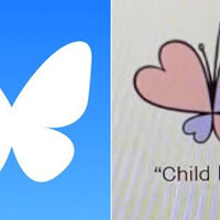 Bluesky "Child Lover" Butterfly Symbol Conspiracy Theory Bluesky "Child Lover" Symbol Conspiracy Theory depicting the bluesky logo and an image of a pink and purple butterfly.