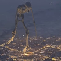 Giant Skeleton Trampling a City meme and viral video.