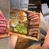 Steak, Eggs and Avocado On a Wooden Cutting Board