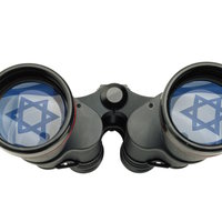 In Case You Were Wondering, Yes He Is In Case You Were Wondering Yes He Is image example depicting a pair of binoculars with the flag of Israel in the lenses.