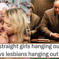 three girls kissing, left, characters from The Sopranos, right