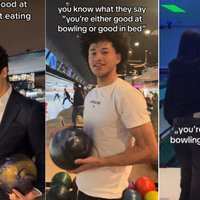 three examples of tiktoks about being good at bowling or good in bed