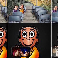 Happy Guy On A Bus Showing Sad Guy His Phone meme examples.