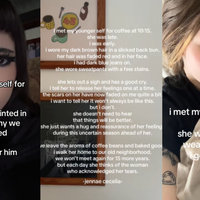 I Met My Younger Self For Coffee trend depicting examples from tiktok.