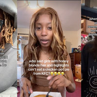 Who Said Girls With Honey Blonde Hair and Highlights Can't Eat a Chicken Pot Pie From KFC tiktok meme examples.