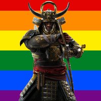 Assassin's Creed: Shadows protagonist Yasuke over a LGBTQ+ flag. 