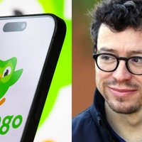 Duolingo's logo is shown on a smartphone screen and a photo of the company's CEO, Luis von Ahn on the right side. 