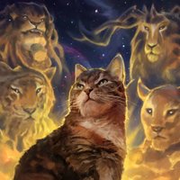Cat Ancestors meme depicting a cat sitting proudly in front of spectral, regal-looking lions and a stag, which represent its "ancestors." 