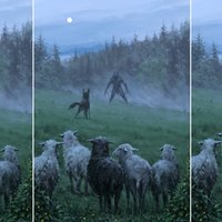 Dog Defending Sheep From Werewolf meme and painting.