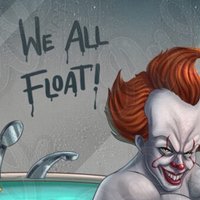 We All Float meme depicting a cropped piece of art that shows Pennywise the clown in the bath. "We all float" is written in steam behind him.