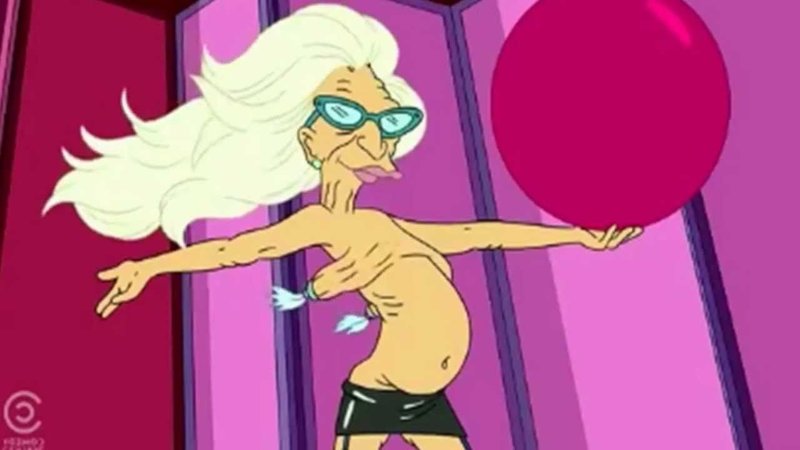 Futurama's professor Farnsworth shirtless and wearing titty tassels and a wig