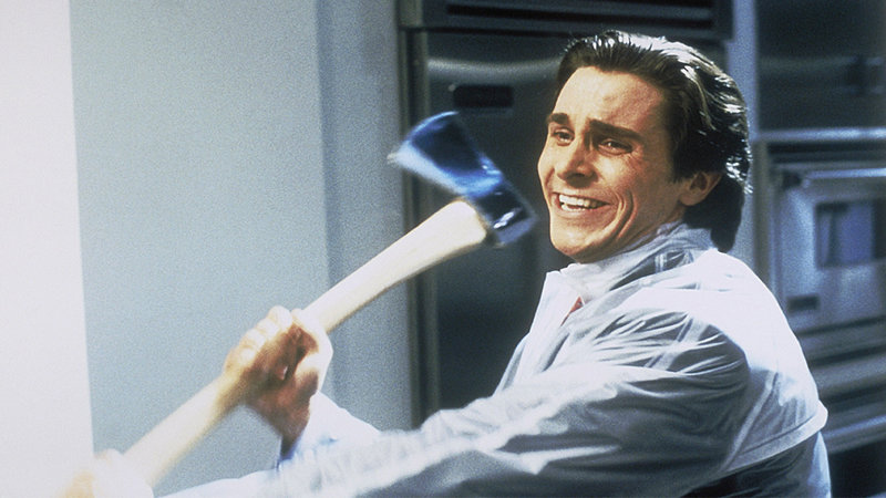 Christian Bale as Patrick Bateman swinging an axe from American Psycho and the meme.